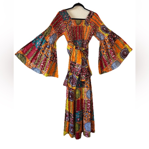 VTG African Star Bohemian Maxi Dress Off The Shoulder Oversized Flared Sleeve OS - Picture 3 of 15